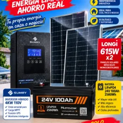 KIT Inversor Híbrido SUMRY 4KW 110V (MPPT + UPS)  Batería Litio LiFePO4 24V 100Ah (2560Wh)  2 Paneles Solares LONGI 615W (Bifaciales)    PRECIO: $1,400 USD