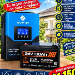 KIT Inversor SUMRY 4KW 110V Batería Litio LiFePO4 24V 100Ah (2560Wh) $1150 USD
