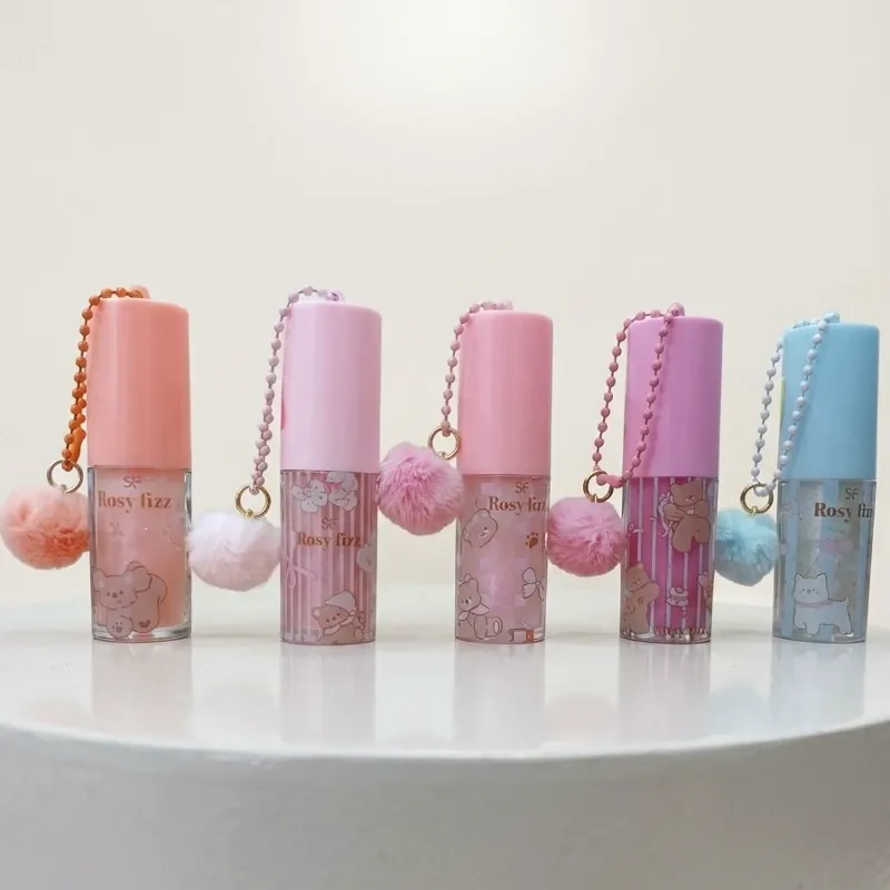 Lip gloss tornasol con llavero de pompón