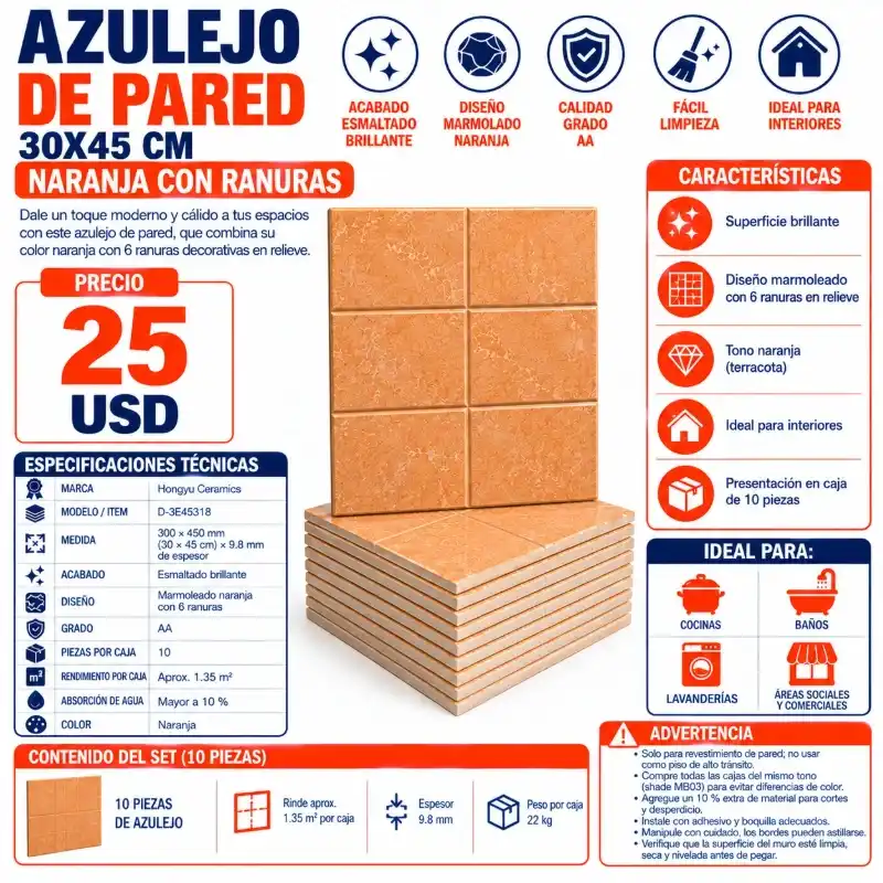 AZULEJO DE PARED 30X45 CM – NARANJA CON RANURAS