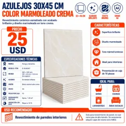 AZULEJOS 30X45 CM MARMOLEADO CREMA