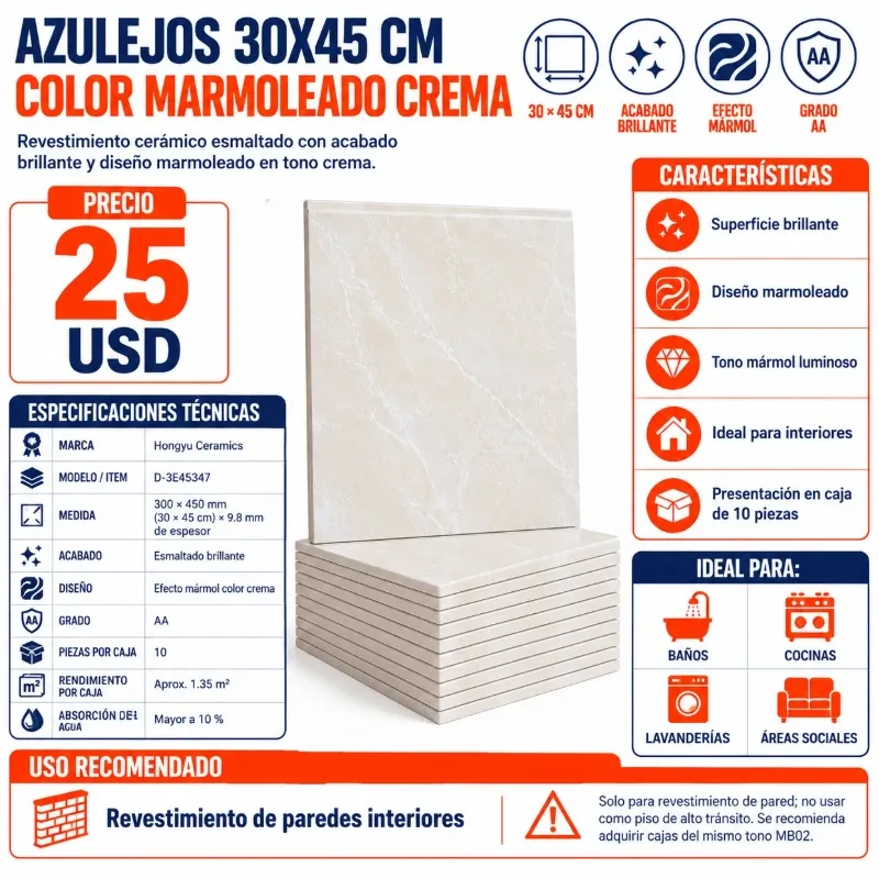 AZULEJOS 30X45 CM MARMOLEADO CREMA