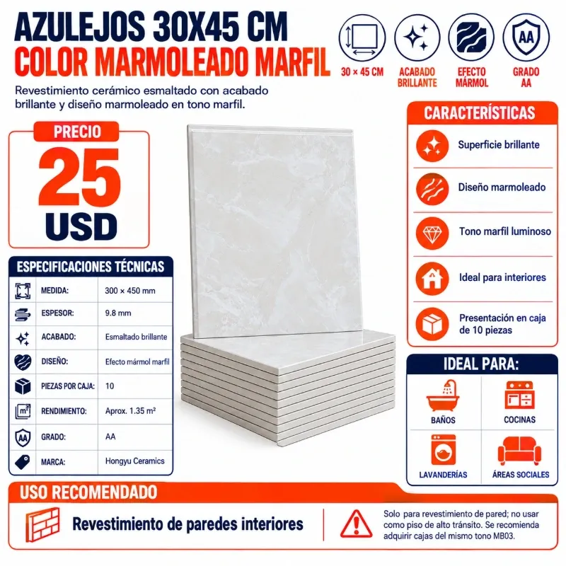 AZULEJOS 30X45 CM MARMOLEADO MARFIL