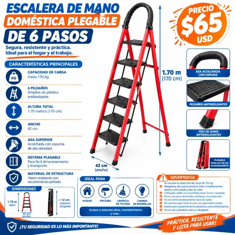 Escalera de mano doméstica plegable de 6 pasos