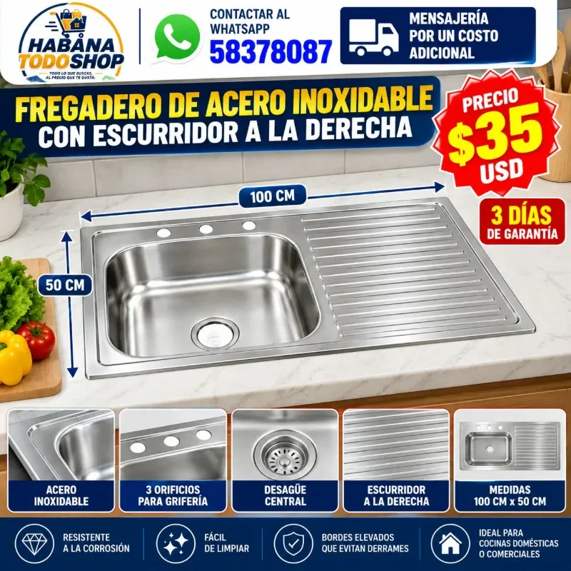 FREGADERO DE COCINA CON ESCURRIDOR A LA DERECHA DE ACERO INOXIDABLE