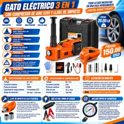 GATO ELÉCTRICO 3 EN 1 CON COMPRESOR DE AIRE (12V) Y LLAVE DE IMPACTO