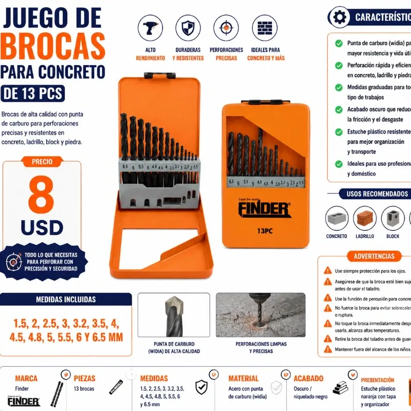 JUEGO DE BROCAS PARA CONCRETO FINDER 13 PCS