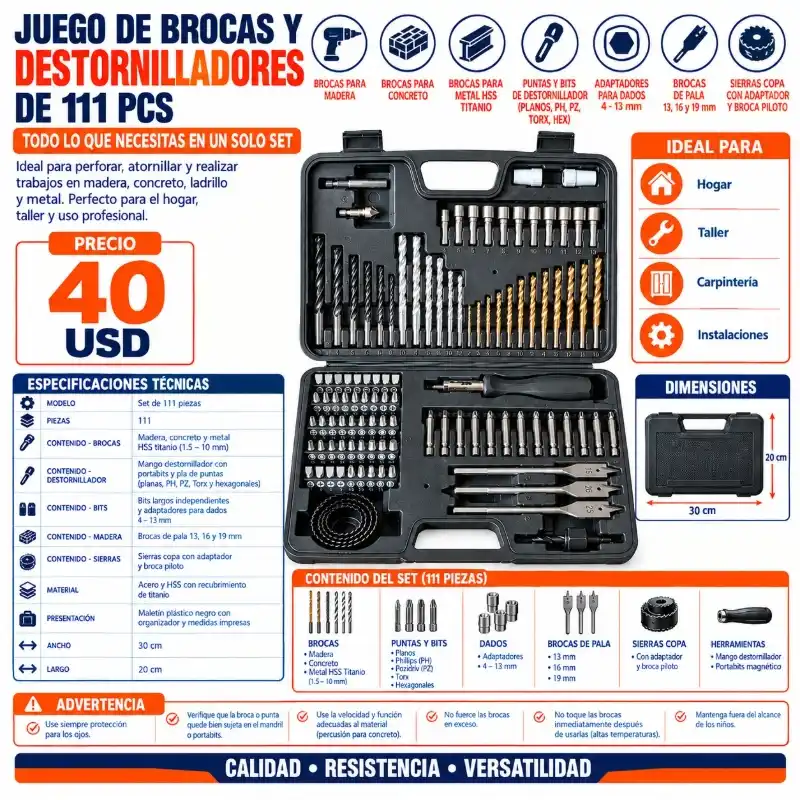 JUEGO DE BROCAS Y DESTORNILLADORES DE 111 PCS 🛠️