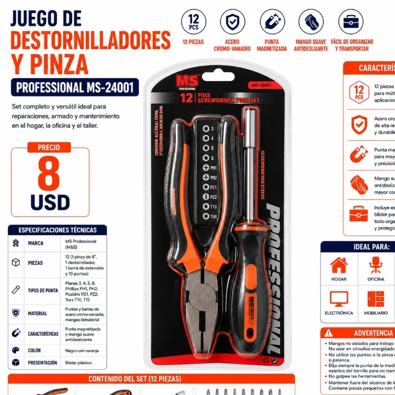 JUEGO DE DESTORNILLADORES Y PINZA MS PROFESSIONAL MS-24001