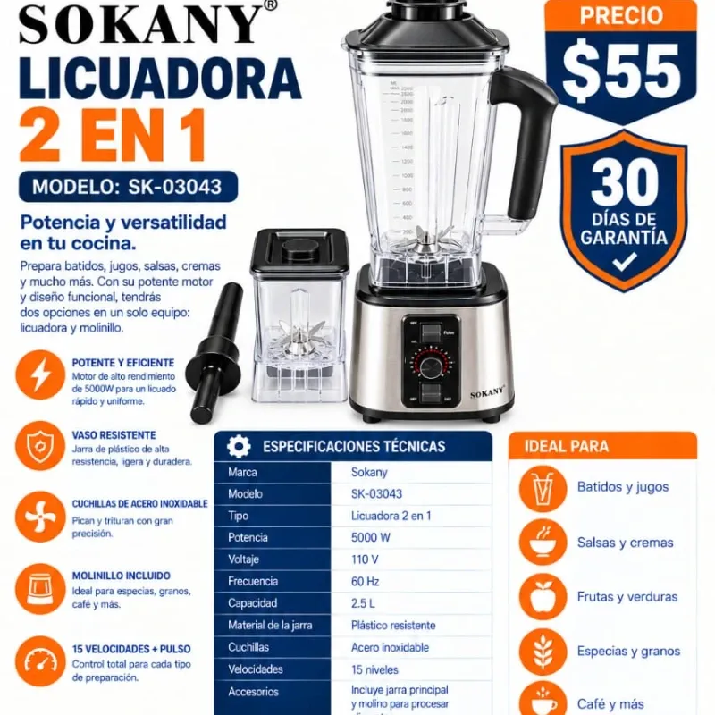 LICUADORA 2 EN 1 SOKANY SK-03043