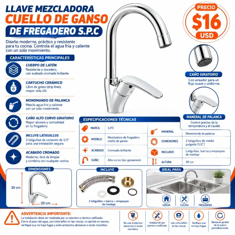 LLAVE MEZCLADORA CUELLO DE GANSO DE FREGADERO S.P.C