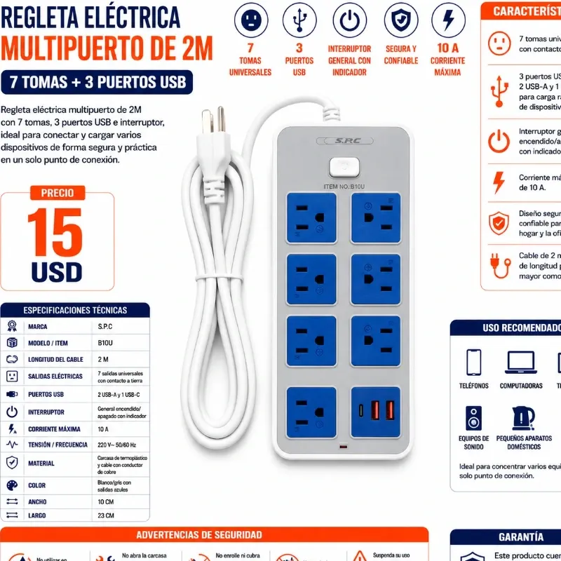 REGLETA ELÉCTRICA MULTIPUERTO DE 2M S.P.C