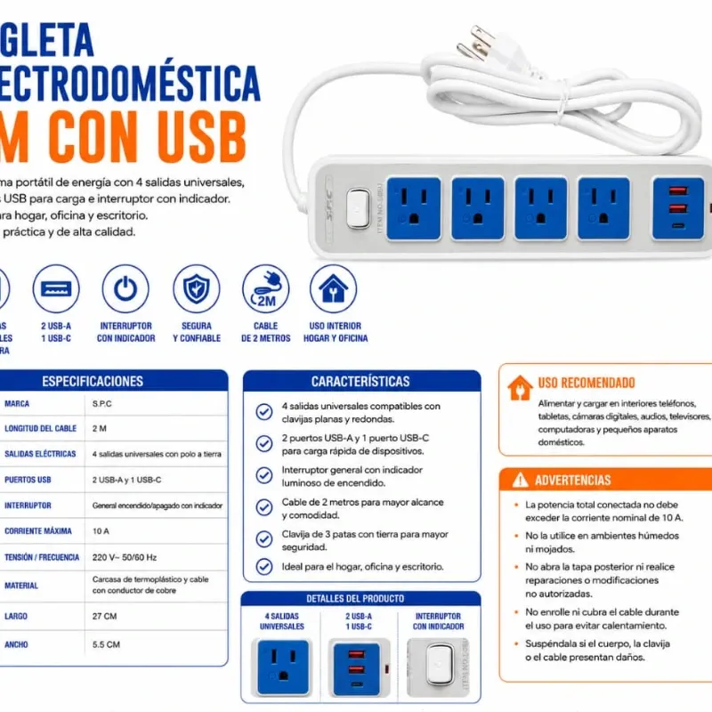 REGLETA ELECTRODOMÉSTICA 2M CON USB - S.P.C