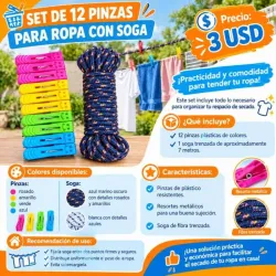 Set de 12 pinzas para ropa con soga