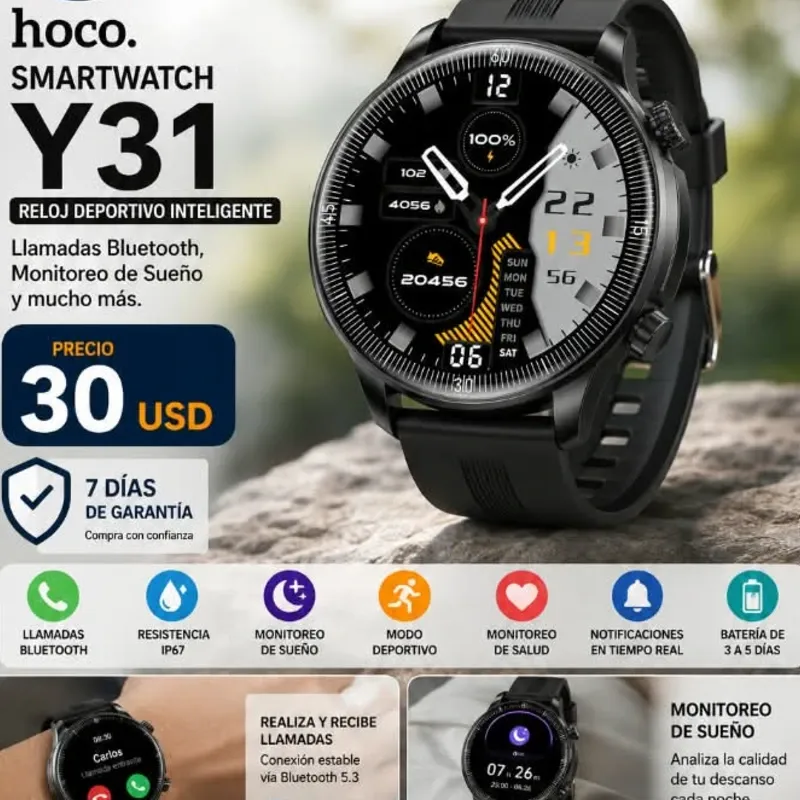 Smartwatch Y31 – Reloj Deportivo con Llamadas, IP67, Monitoreo de Sueño