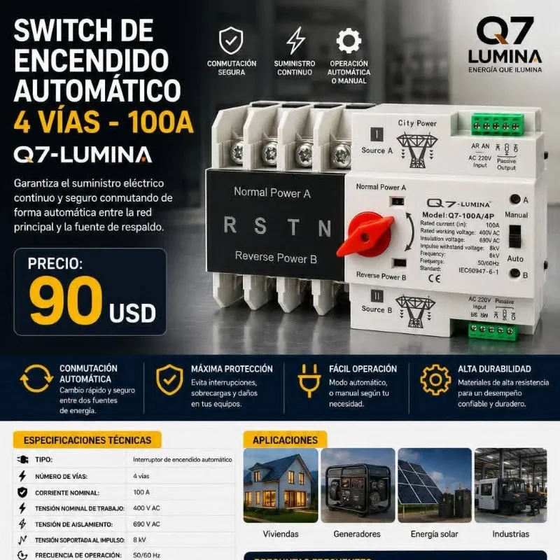 SWITCH DE ENCENDIDO AUTOMÁTICO 4 VÍAS - 100A Q7-LUMINA