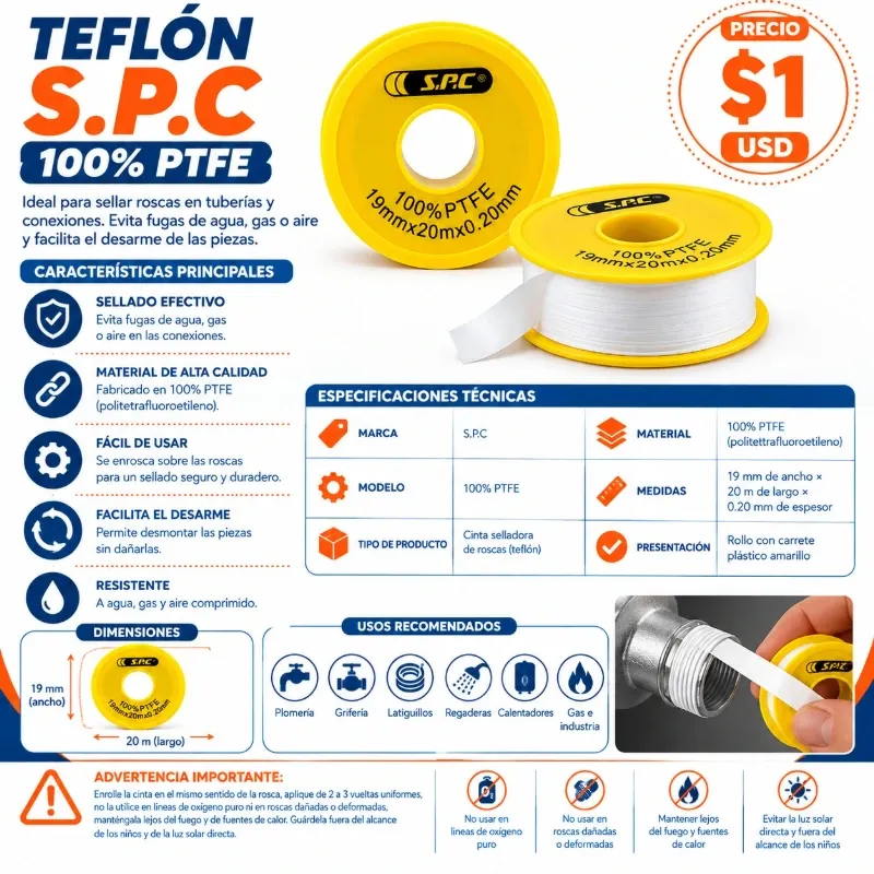 TEFLÓN S.P.C 100% PTFE — 19 MM × 20 M