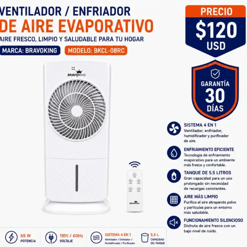 Ventilador / Enfriador de Aire Evaporativo BRAVOKING BKCL-08RC
