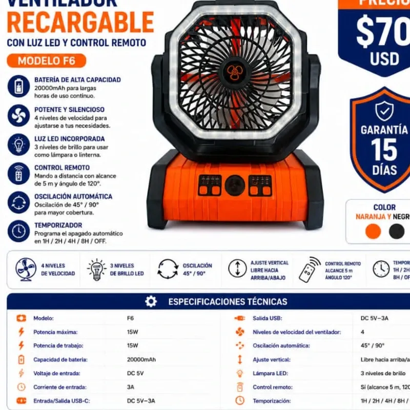 VENTILADOR RECARGABLE F6 DE 20000MAH