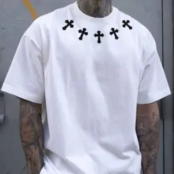 Manfinity Homme Camiseta de verano para hombre casual suelta con hombro caído y estampado cruzado impreso