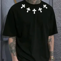 Manfinity LEGND Camiseta casual de cuello redondo con estampado de cruz para hombres