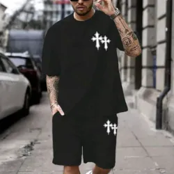 Manfinity LEGND Conjunto De Camiseta De Manga Corta Y Pantalones Cortos Con Estampado De Cruz Para Hombre