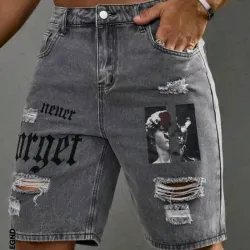 Manfinity LEGND Shorts de mezclilla para hombres con letras impresas y desgastados con bolsillos