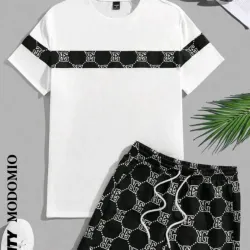 Manfinity Modomio Conjunto casual de verano con camiseta de manga corta con estampado de letras y pantalón corto con cordón