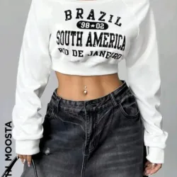 SHEIN MOOSTA Sudadera asimétrica de cuello con estampado de letras para uso diario de las mujeres, Top de manga larga