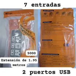 Extensión de 1.95 m con 7 entradas, 2 son USB 