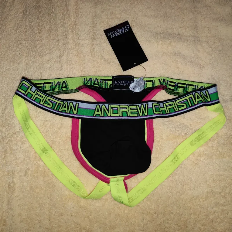 Suspensorio Hilo Andrew Christian negro rosa y amarillo