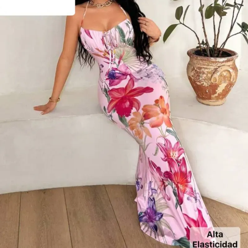 Vestido rosa floreado largo