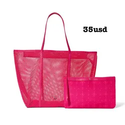 Bolso de malla rosada con neceser incluido