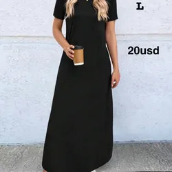 Vestido casual de mujer de manga corta, cuello redondo y unicolor con bolsillos