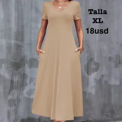 Vestido casual de mujer de unicolor con cuello en V, manga corta y bolsillo (Beige)