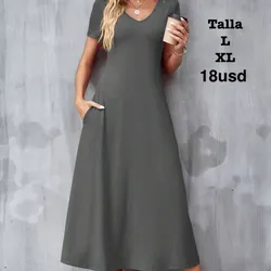 Vestido casual de mujer de unicolor con cuello en V, manga corta y bolsillo (Gris)