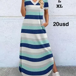 Vestido casual largo de mujer con cuello en V y rayas, vestido de verano maxi para mujer