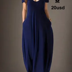 Vestido de mujer de manga corta y cuello en V de unicolor con bolsillos, verano