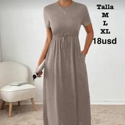 Vestido informal de verano para mujer de unicolor con cordón a la cintura (Mocha)