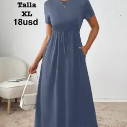 Vestido informal de verano para mujer de unicolor con cordón a la cintura (azul marino)