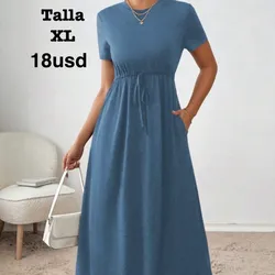Vestido informal de verano para mujer de unicolor con cordón a la cintura (Azul)