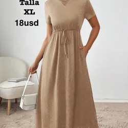 Vestido informal de verano para mujer de unicolor con cordón a la cintura (Beige)