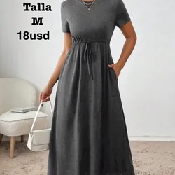 Vestido informal de verano para mujer de unicolor con cordón a la cintura (Gris oscuro)