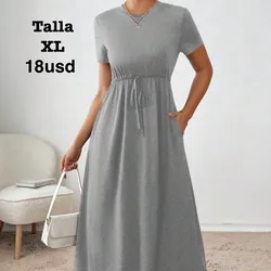 Vestido informal de verano para mujer de unicolor con cordón a la cintura (Gris claro)