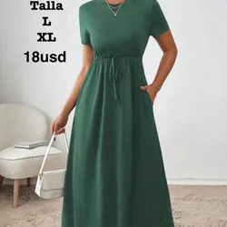 Vestido informal de verano para mujer de unicolor con cordón a la cintura (Verde oscuro)
