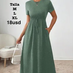 Vestido informal de verano para mujer de unicolor con cordón a la cintura (Verde)