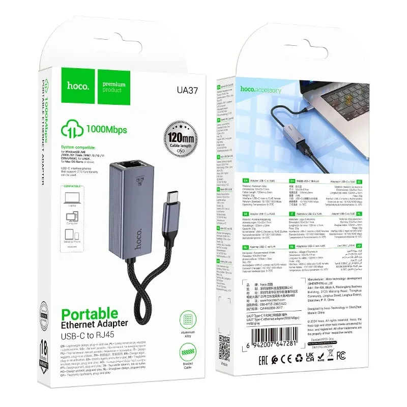 🌐 Adaptador Hoco UA37 Type-C a Ethernet – Conexión por Cable Estable y Rápida ⚡