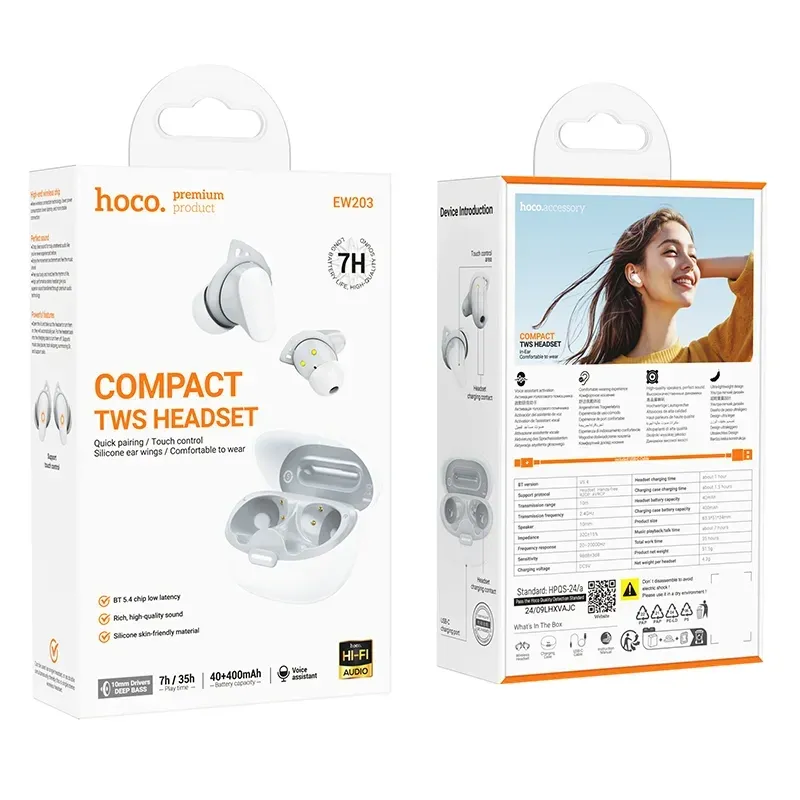 Hoco – Audífonos Bluetooth EW203 Jinny 🎧 TWS con Apertura Automática
