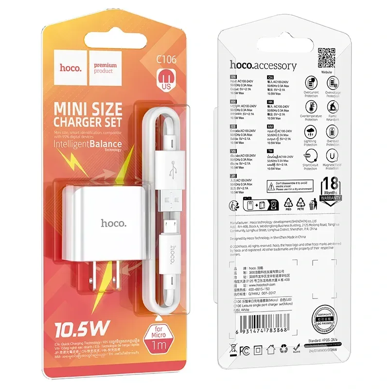 Hoco – Cargador de Pared C106 ⚡ Puerto Único USB 5V/2.1A