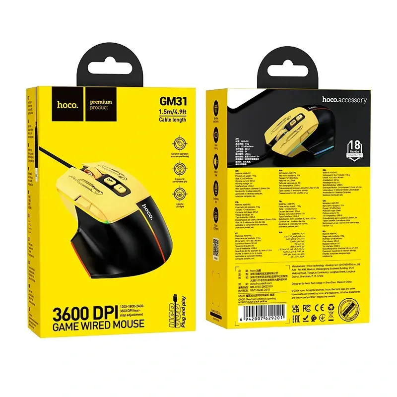 Hoco – Mouse Gamer con Cable GM31 🎮 Iluminado | 7 Botones 